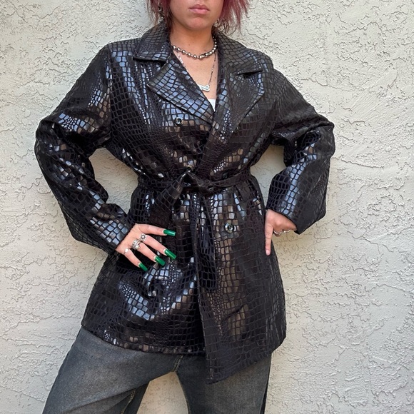 Y2k Shiny Metallic Alligator Skin Trench Coat - Picture 8 of 10